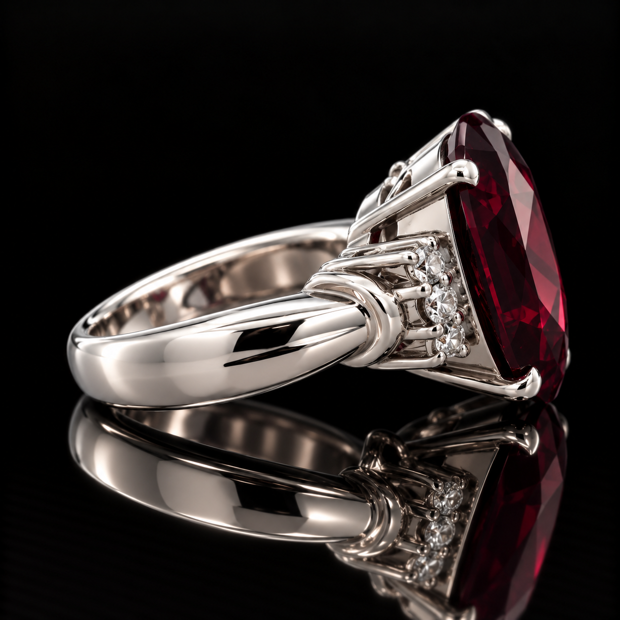 Estate Ring, 6 Round Brilliant Cut Diamond 0.30 cttw  H-I SI1-SI2,1 Garnet Oval 13.00 ct  Platinum N/A 14.13g. All Weights Estimated.
