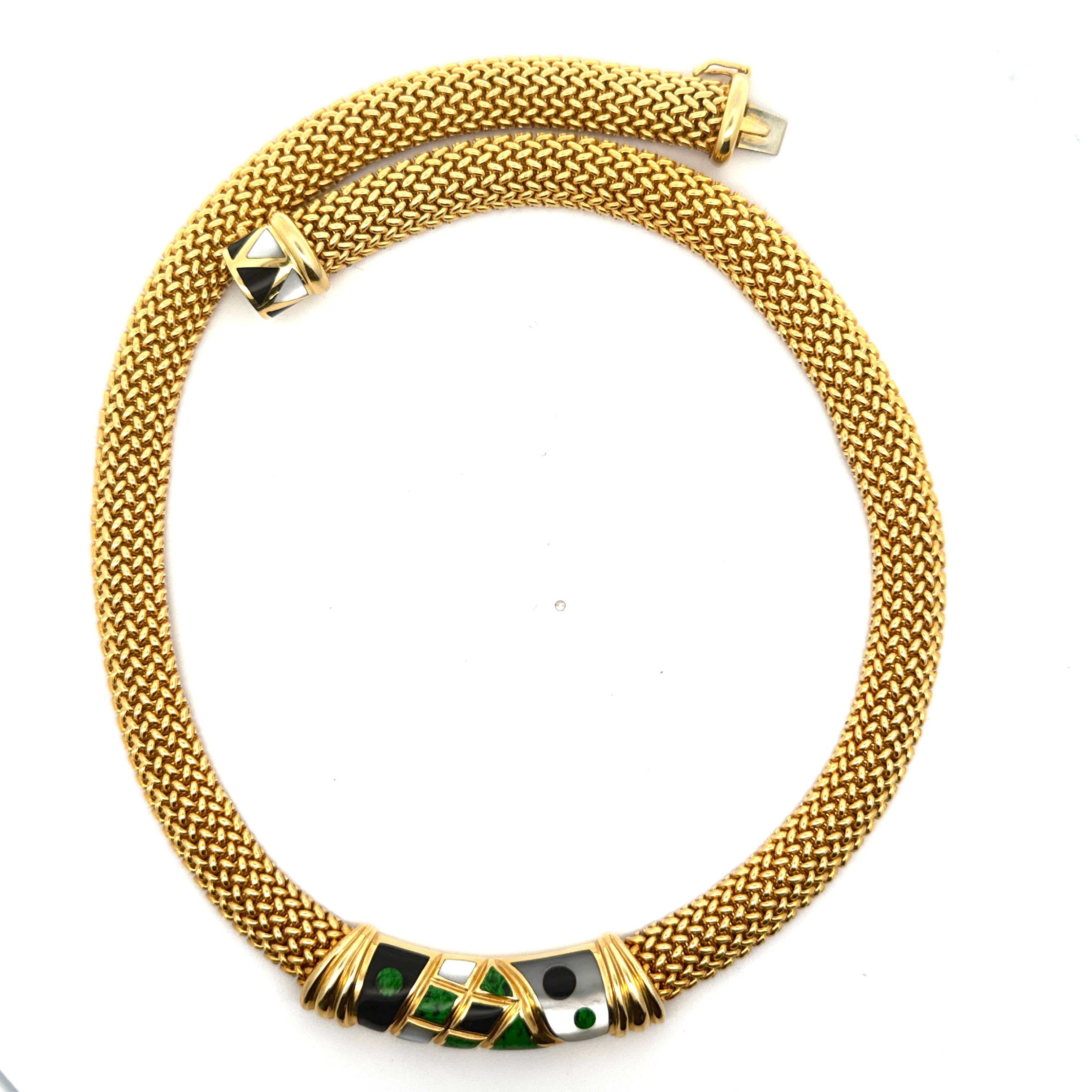 Asch Grossbardt Necklace, Onyx, Mother of Pearl, Malachite, 14K Yellow Gold 68.76g. All Weights Estimated.