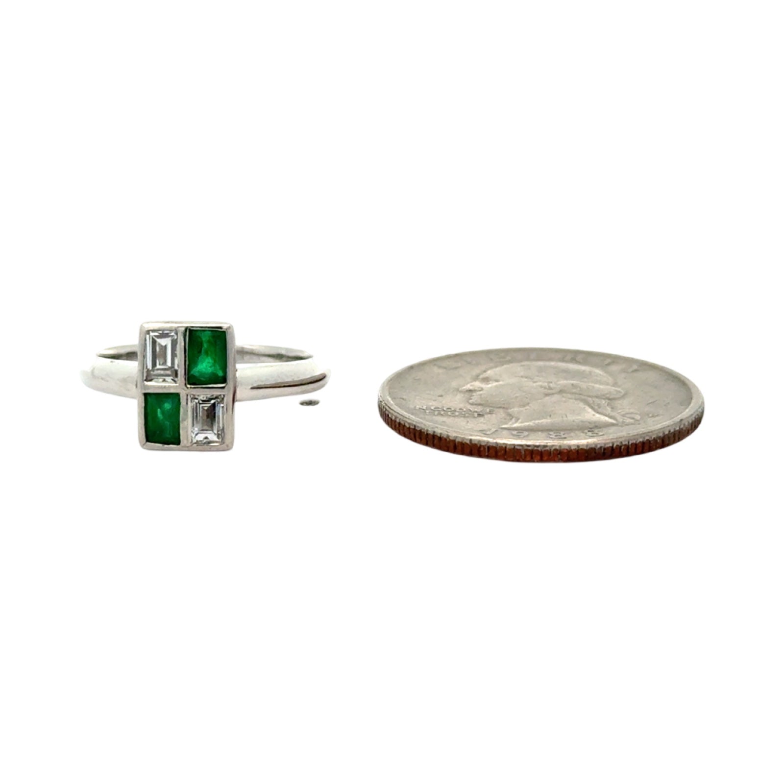Estate Ring, 2 Baguette Cut Diamond 0.35 cttw  H-I VS2-SI1, 2 Baguette Cut Emerald 0.37 cttw,  Platinum 4.80g