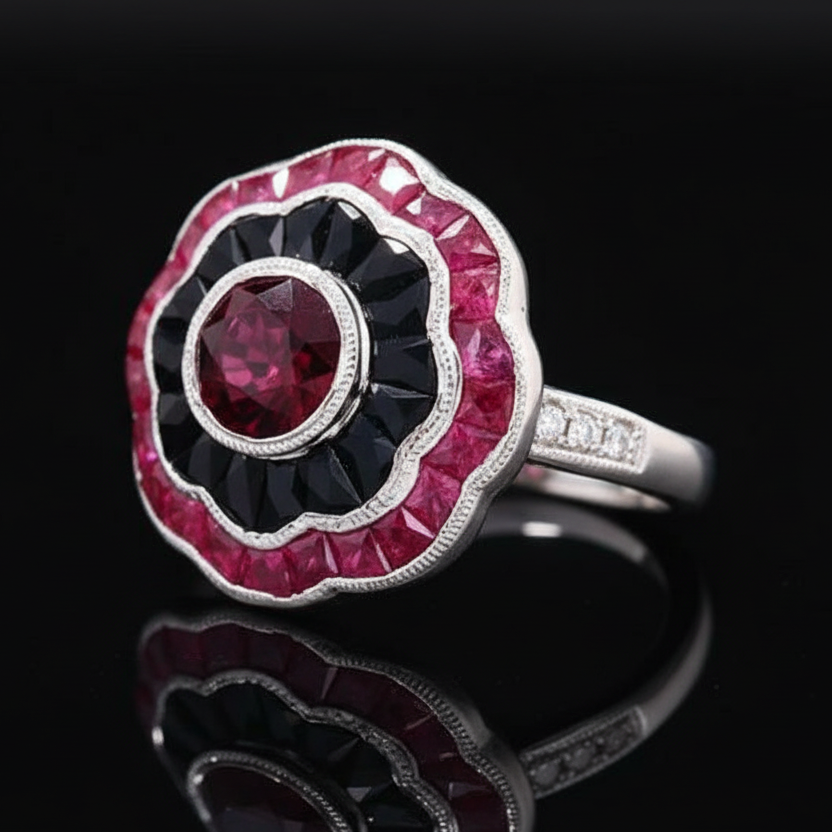 Ring, 6 Round Diamond 0.07 cttw, 1 Round Ruby 1.37 ct, Ruby 1.35 cttw, Onyx 1.44 cttw, 18K White Gold 4.95g