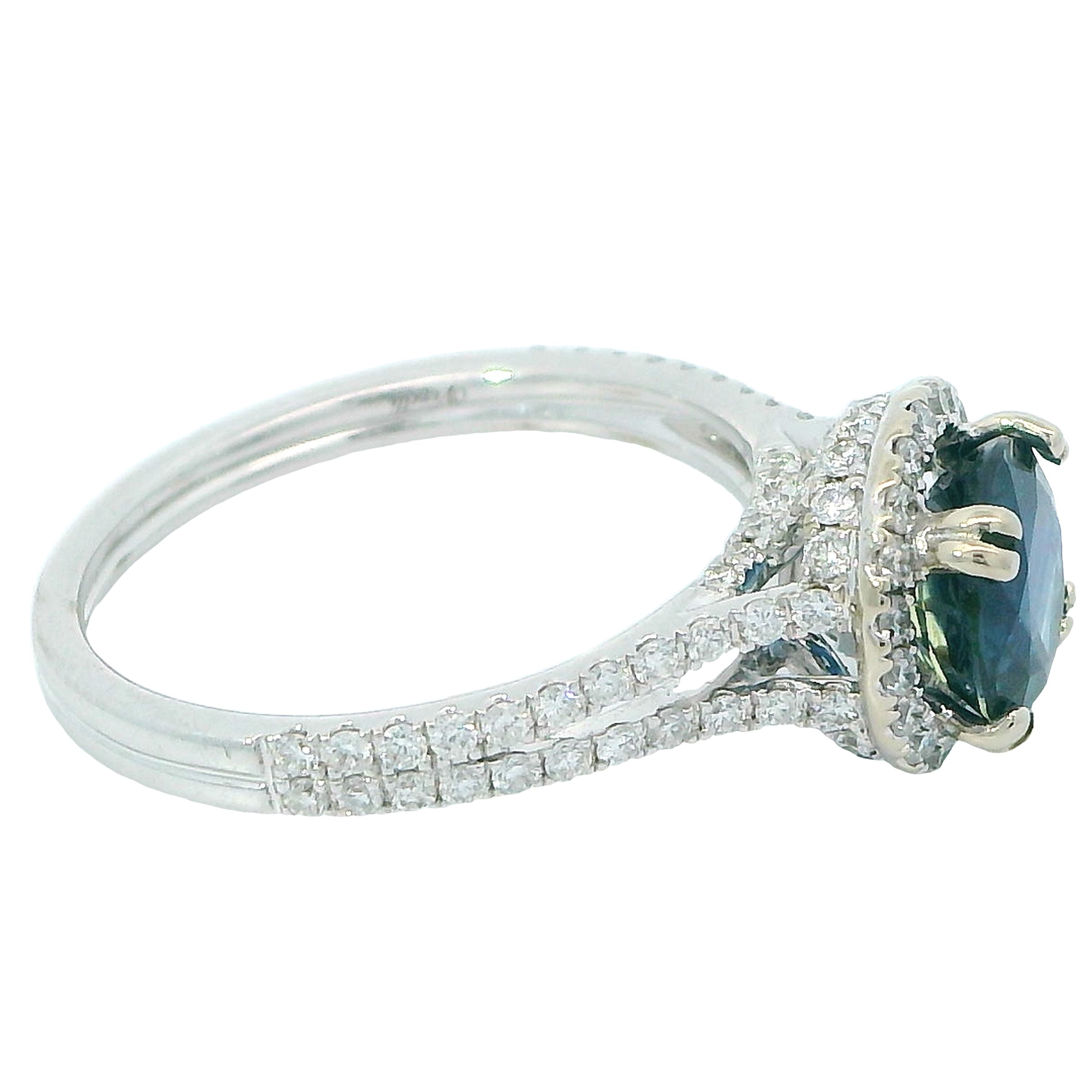 Venetti Halo Ring, 1 Round Sapphire 1.73ct, 98 Round Diamond 0.64ct G-H VS2-SI1, 18K White Gold 3.24g