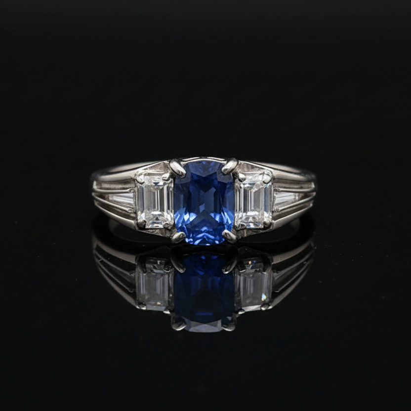 Estate 3 Stone Ring, 1 Emerald Cut Sapphire 1.17 ct, 2 Emerald Cut Diamond 0.37 cttw G-H VS1, Platinum 4.70g
