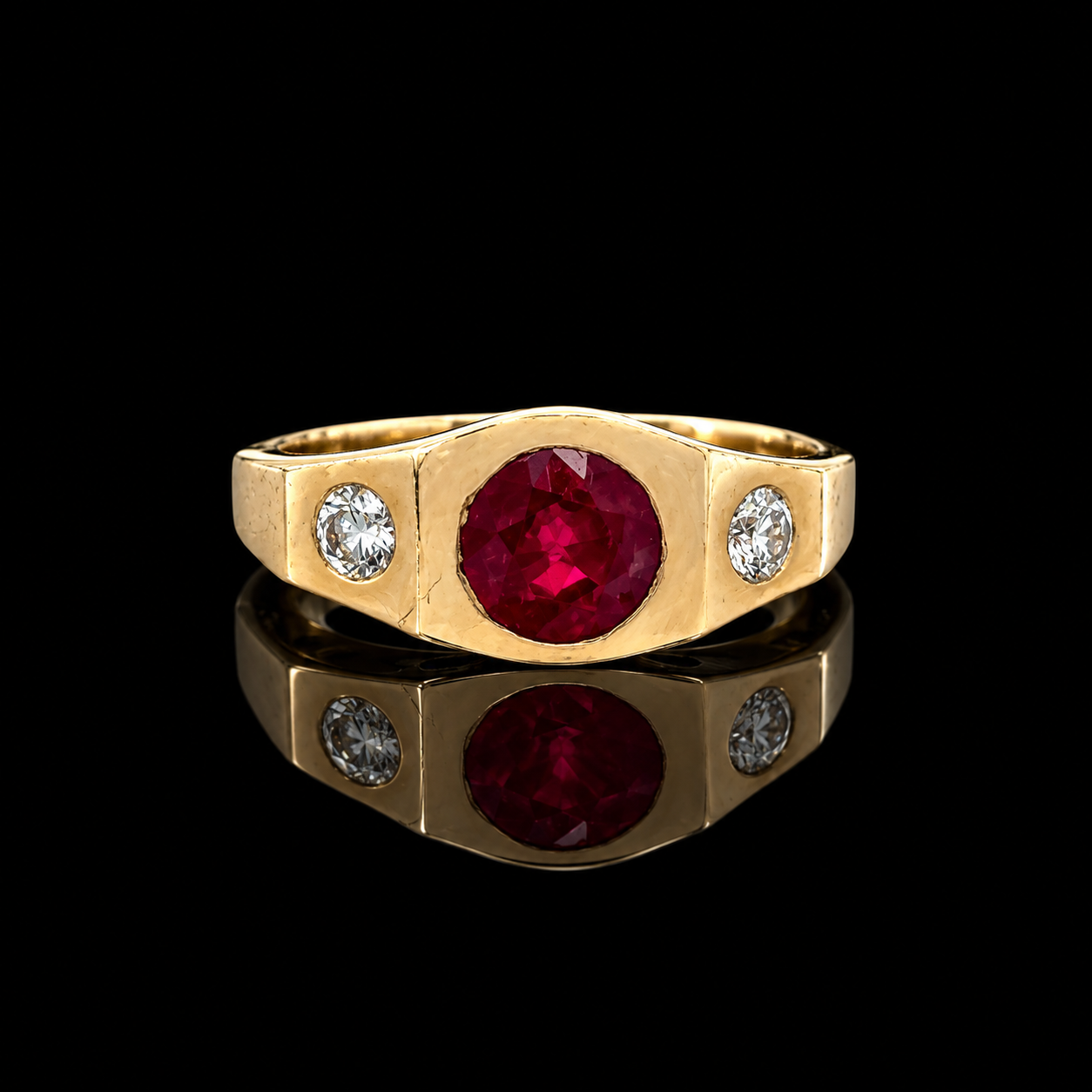 Estate Ring, 2 Round Brilliant Cut Diamond 0.35 cttw ,1 Ruby Round 1.80 ct  14K Yellow Gold 4.60g. All Weights Estimated.