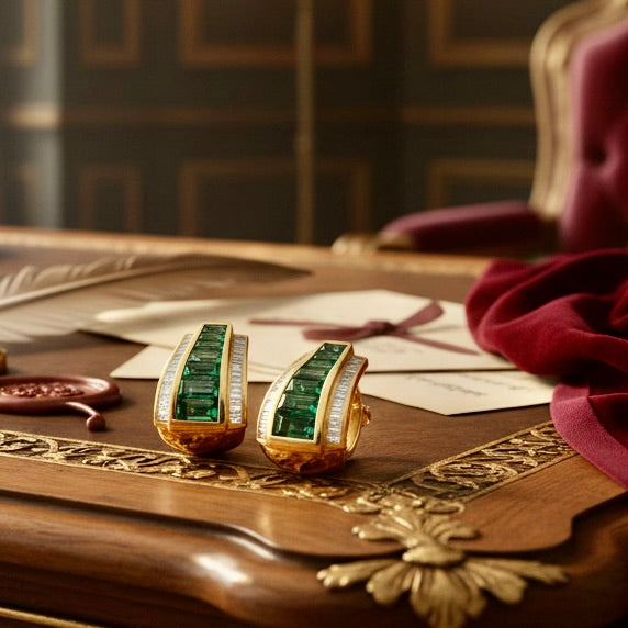 Designer Marchisio Earring, Baguette Cut Diamonds 0.62cttw H-I VS2-SI2, 13 French Cut Emeralds 3.45cttw, 14K Yellow Gold 9.10g. All Weights Estimated.