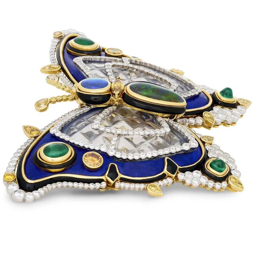 David Webb Brooch/Pendant, 33 Mixed Cut Diamond 3.57 cttw  FY VS1, 270 Round Brilliant Cut Diamond 8.56 cttw  G-H VS1-VS2,4 Emerald Cabochon 5.24 cttw , Carved Rock Crystal, Camed Onyx, Lapis Lazuli 18K/PLAT Yellow Gold 151.72g. All Weights Estimated.