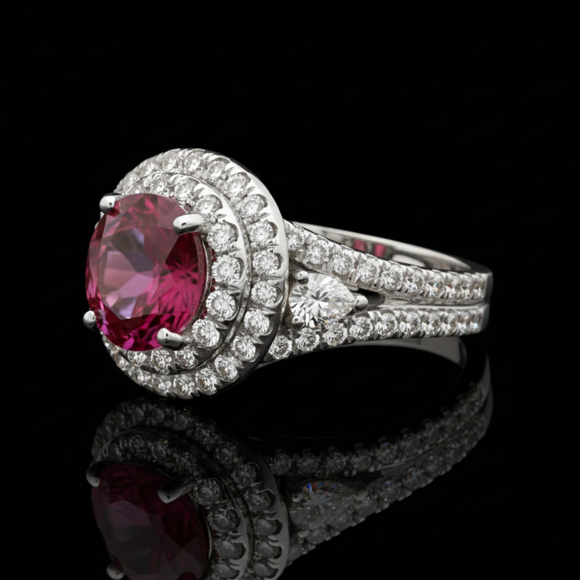 Estate Ring, 1 Round Tourmaline 2.03 ct, 2 Pear Shape Diamond G-H VS2 0.24 cttw, 110 Round Diamond G-H VS2 1.30 cttw, 18K White Gold 8.89g. Size 6.5