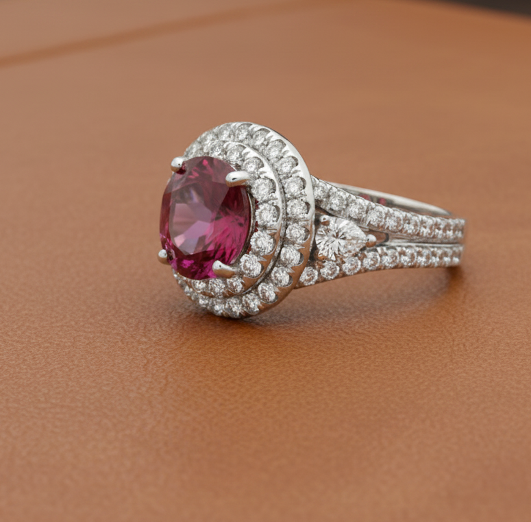 Estate Ring, 1 Round Tourmaline 2.03 ct, 2 Pear Shape Diamond G-H VS2 0.24 cttw, 110 Round Diamond G-H VS2 1.30 cttw, 18K White Gold 8.89g. Size 6.5