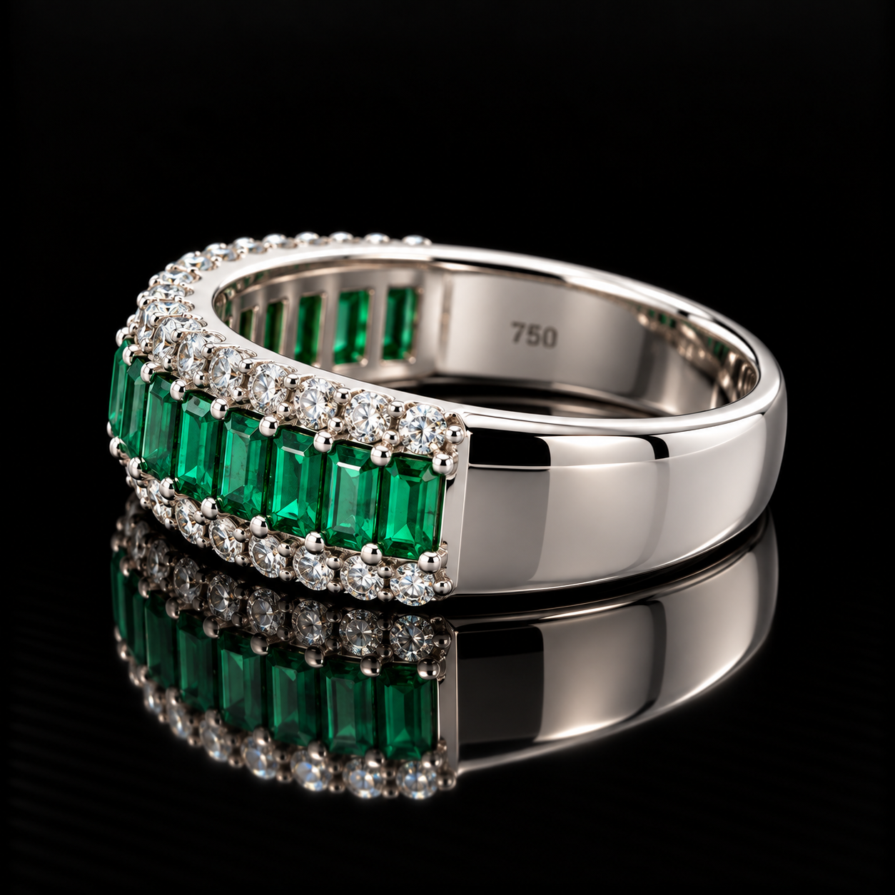 Estate Ring, 34 Round Brilliant Cut Diamond 0.60 cttw  G-H VS1-SI1,17 Emerald Emerald Cut 1.00 cttw  18K White Gold 5.25g. All Weights Estimated.