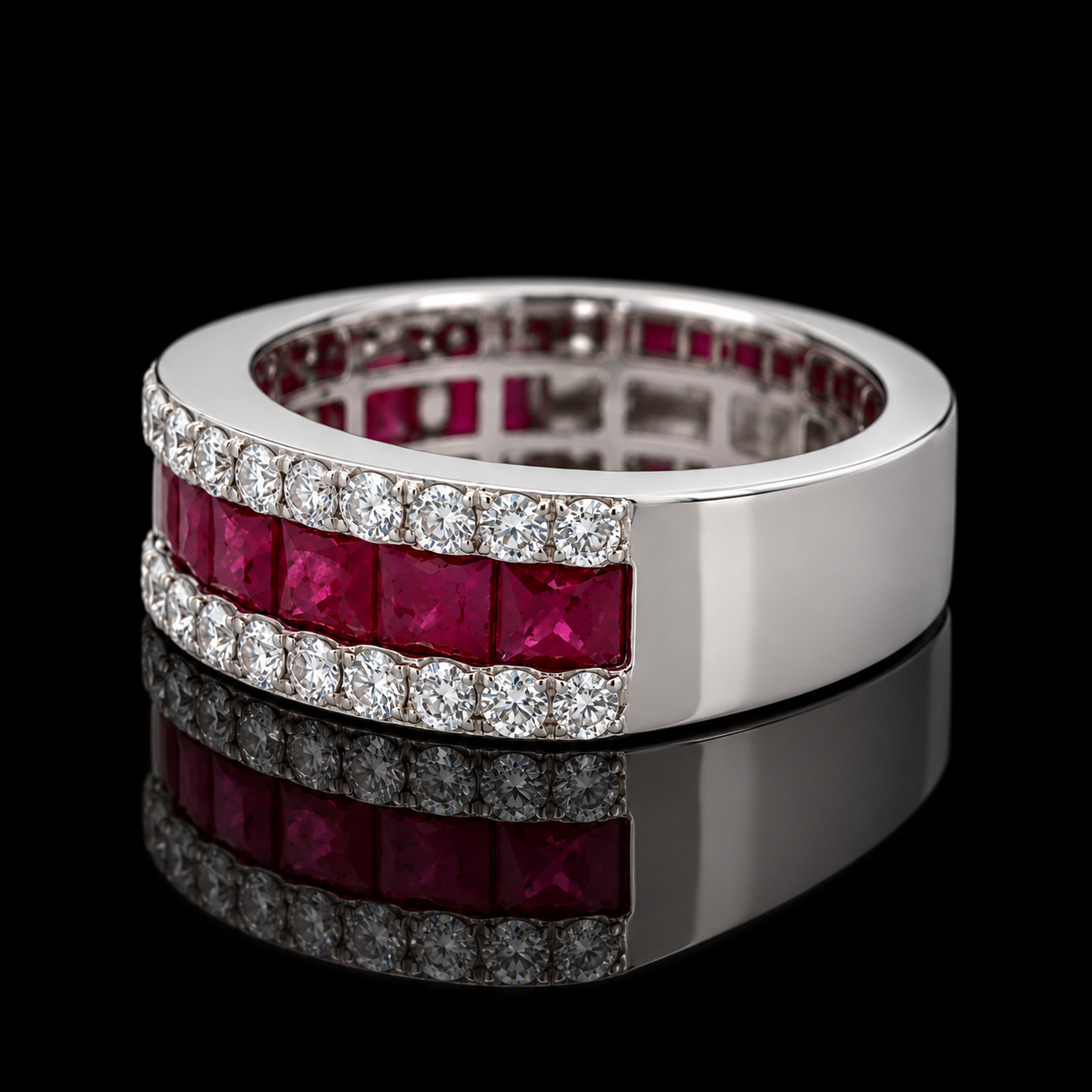 Estate Ring, 32 Round Brilliant Cut Diamond 0.77 cttw  G-H VS1-SI1,9 Ruby French Cut 2.33 cttw  14K White Gold 6.79g. All Weights Estimated.