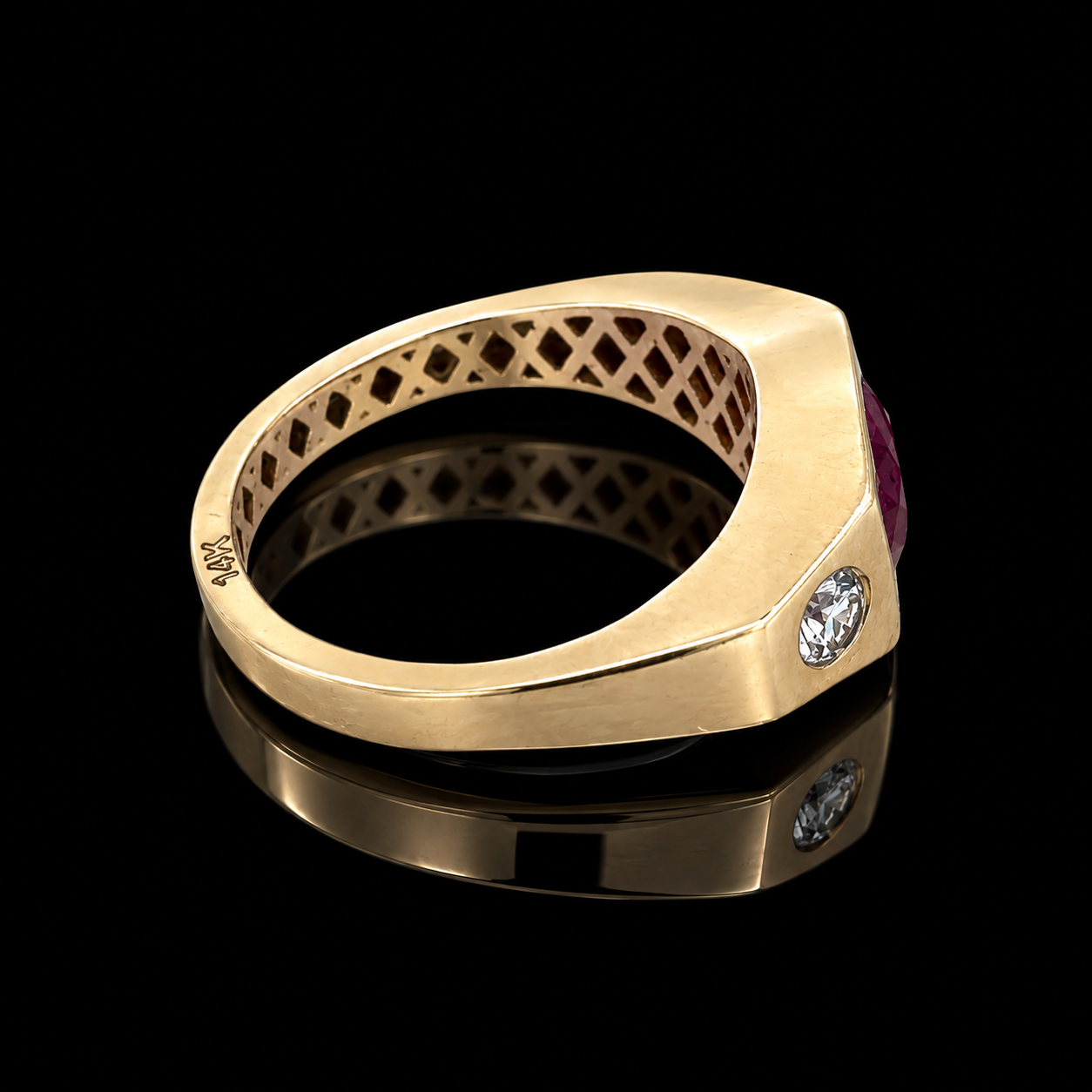 Estate Ring, 2 Round Brilliant Cut Diamond 0.35 cttw ,1 Ruby Round 1.80 ct  14K Yellow Gold 4.60g. All Weights Estimated.