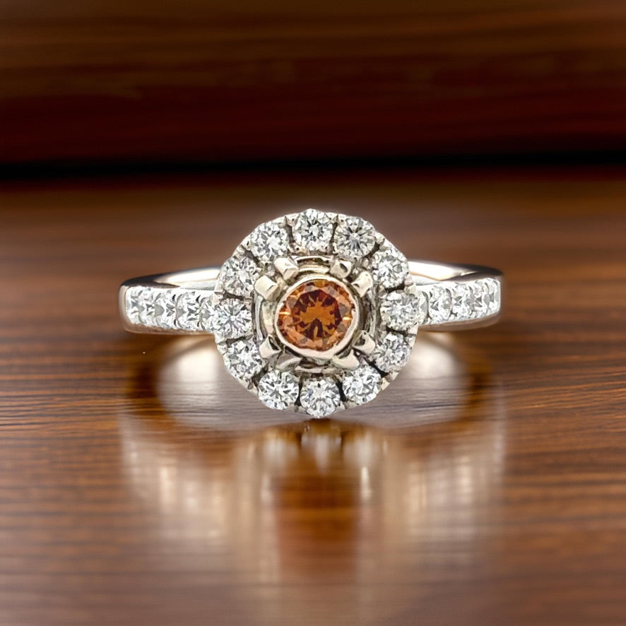 Maya Lianna Ring, 1 Round Natural Fancy Orange Diamond 0.25 ct VS2-SI1,  22 Round Diamond 0.80 cttw G-H SI1-SI2, 14K White Gold 3.85g
