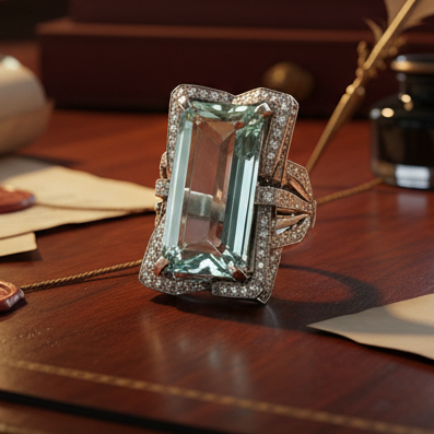 Estate Ring, Round Brilliant Cut Diamond 0.72 ct  G-H VS2-SI1,1 Aquamarine Emerald Cut 14.78 ct  Platinum 22.22g