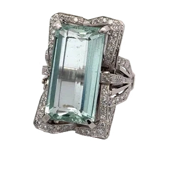 Estate Ring, Round Brilliant Cut Diamond 0.72 ct  G-H VS2-SI1,1 Aquamarine Emerald Cut 14.78 ct  Platinum 22.22g