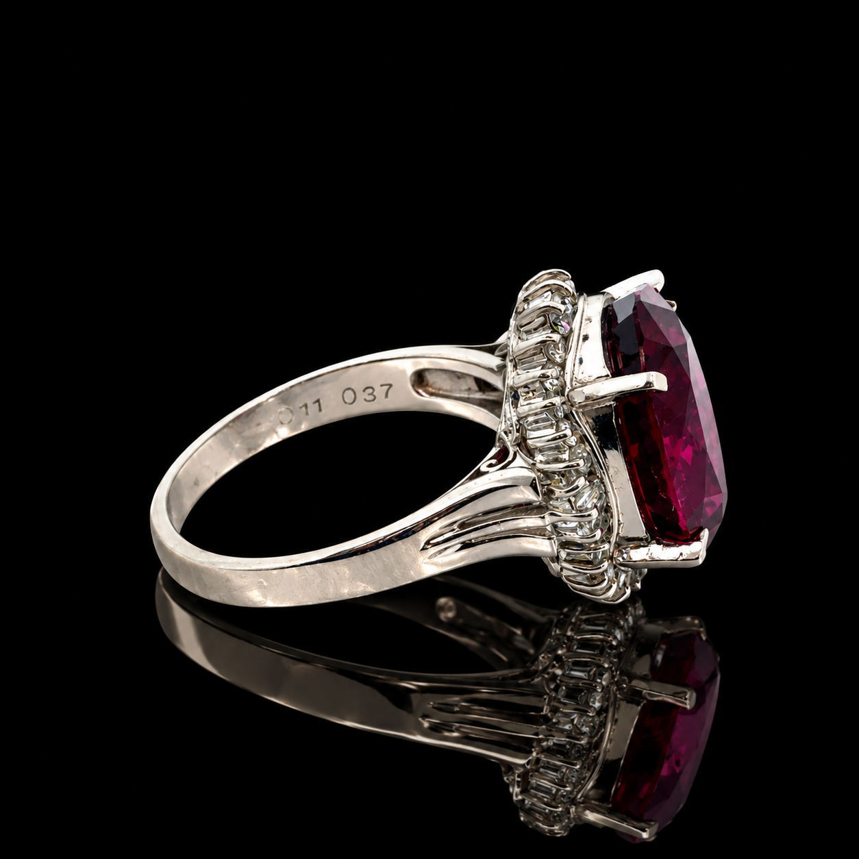 Estate Ring, Round/Baguette Cut Diamond 0.48 cttw  H-I SI1-SI2,1 Garnet Oval 11.04 ct  Platinum 10.10g. All Weights Estimated.