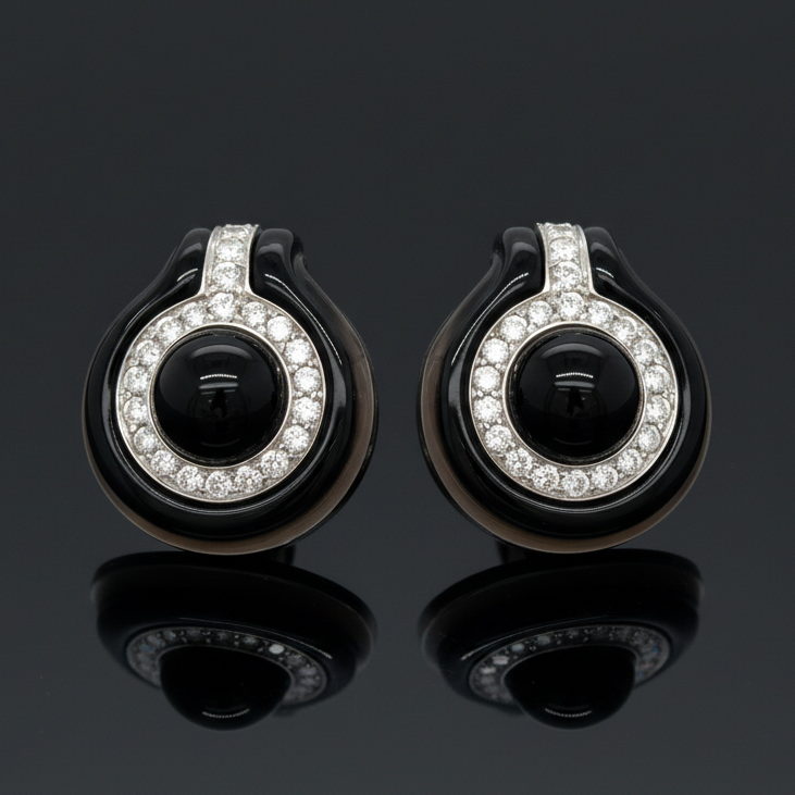 Estate Earrings, Round Diamond 3.00 cttw, Freeform Onyx, 18K Yellow Gold 33.41g