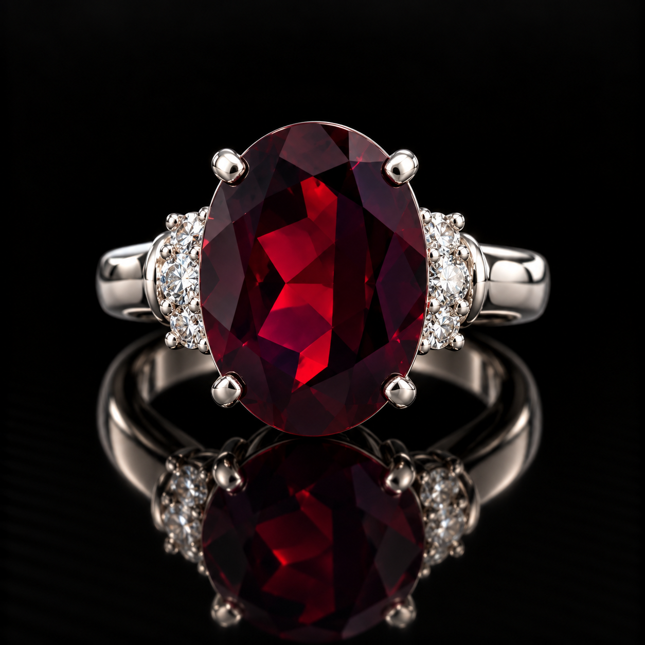 Estate Ring, 6 Round Brilliant Cut Diamond 0.30 cttw  H-I SI1-SI2,1 Garnet Oval 13.00 ct  Platinum N/A 14.13g. All Weights Estimated.