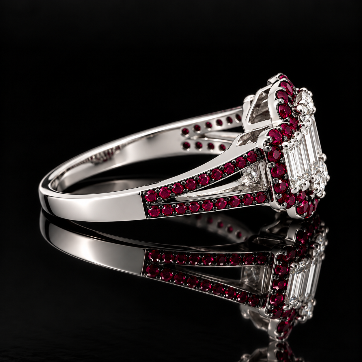 Estate Ring, Mixed Cut Diamond 0.50 cttw  G-H VS1-SI1, Ruby Round 0.70 cttw  18K White Gold 4.16g. All Weights Estimated.