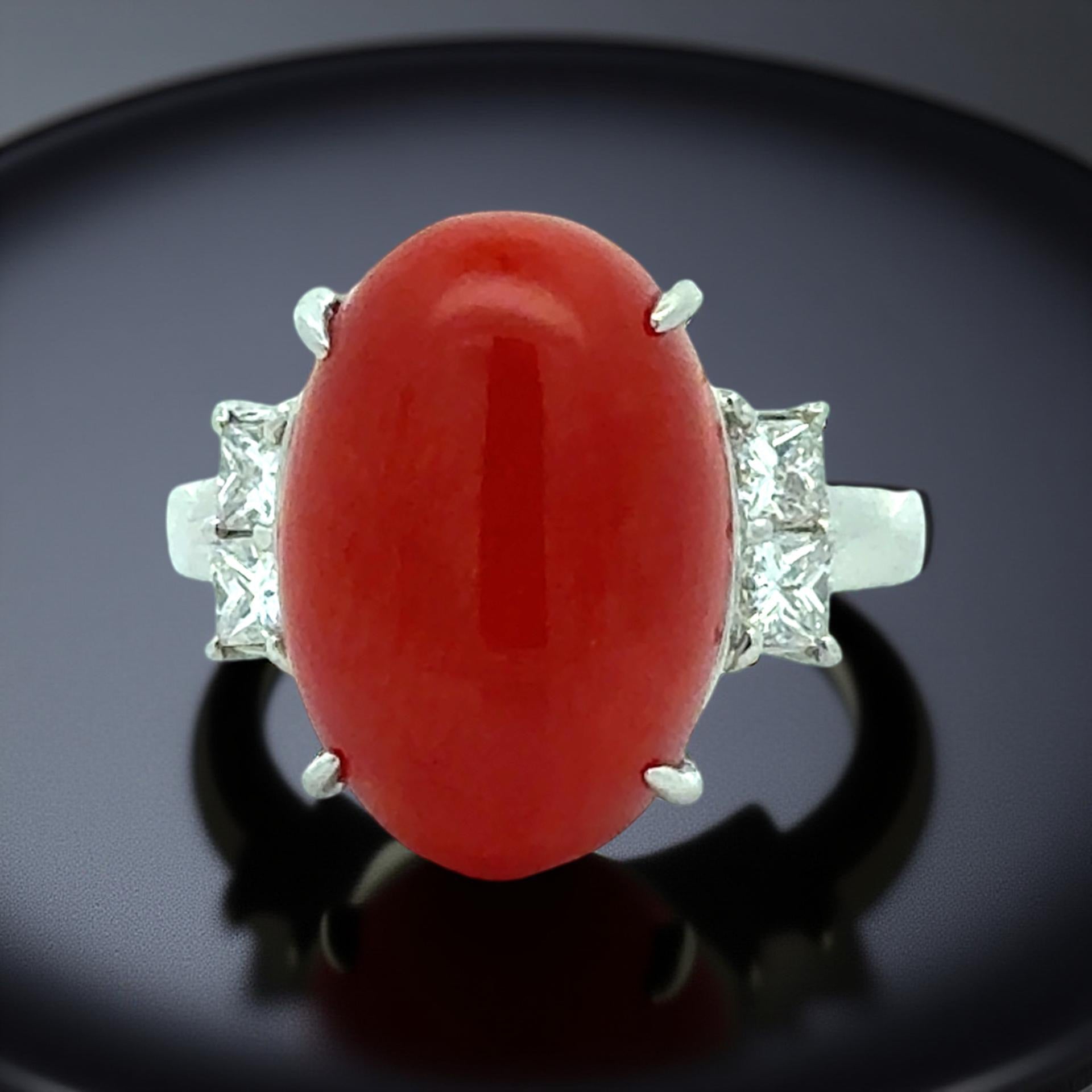 Estate Ring, 4 Princess Cut Diamond 0.47 ct  H-I SI1-SI2,1 Coral Cabochon 10.20 ct  Platinum 9.25g