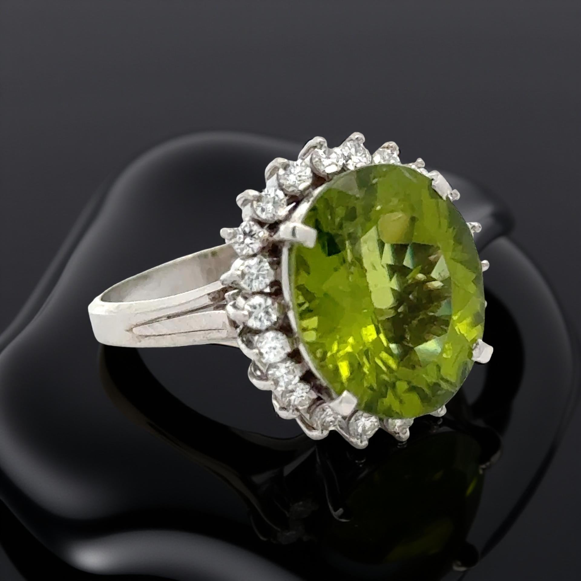 Estate Halo Ring, 22 Round Brilliant Cut Diamond 0.52 ct  G-H SI1-SI2,1 Peridot Oval 7.10 ct  Platinum 7.99g