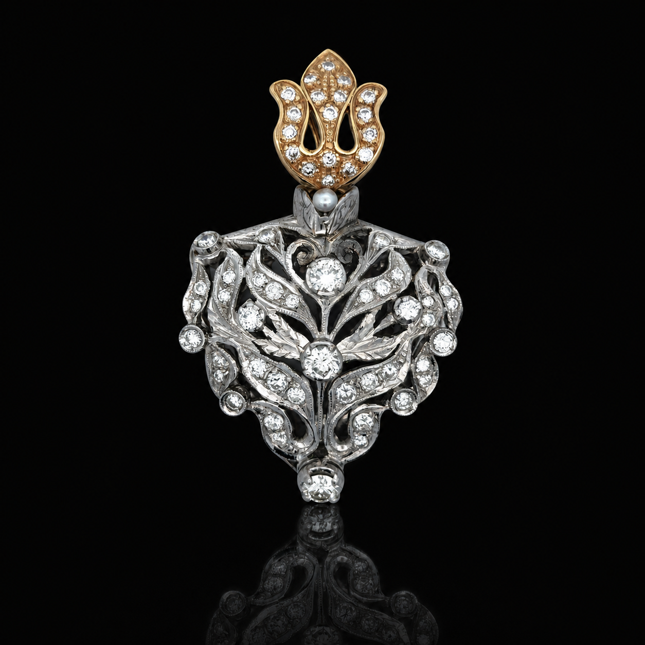 Estate Pendant, Round Brilliant Cut Diamond 3.25 cttw  G-H VVS1-VS1,1 Cultured Pearl White Fine 18K White/Yellow Gold 24.60g. All Weights Estimated.