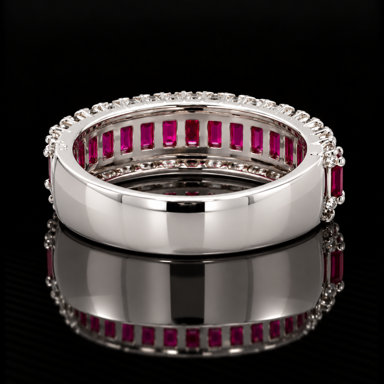 Estate Ring, 34 Round Diamond 0.66 cttw  G-H SI1-SI1, Ruby 1.12 cttw  14K White Gold 5.21g. All Weights Estimated.