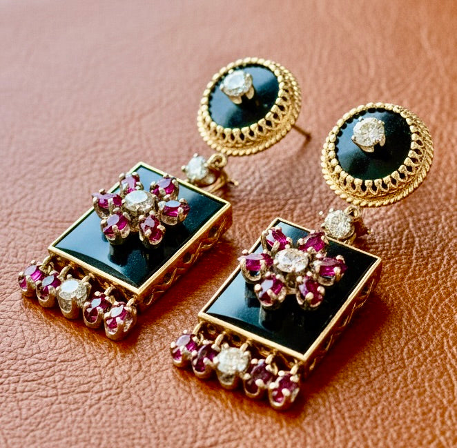 Estate Earrings, 8 Round Brilliant Cut Diamond 2.00cttw.  H-I SI1-SI2,20 Ruby Marquise Cut 1.00cttw.,4 Onyx Mixed Cut 14K White/Yellow Gold 26.20g (All Weights Estimated)