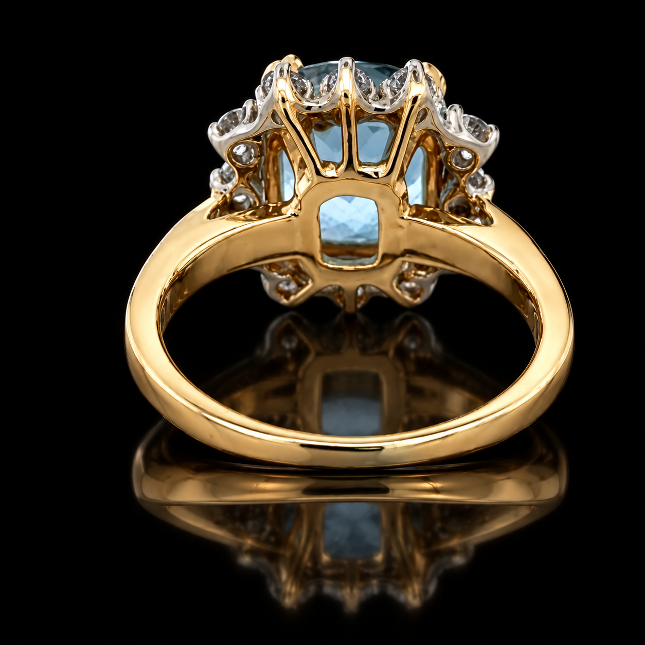 Estate Ring, 12 Round Brilliant Cut Diamond 0.25 cttw  H-I SI1-SI1,1 Aquamarine Cushion Brilliant 4.46 ct  14K White/Yellow Gold 5.82g. All Weights Estimated.