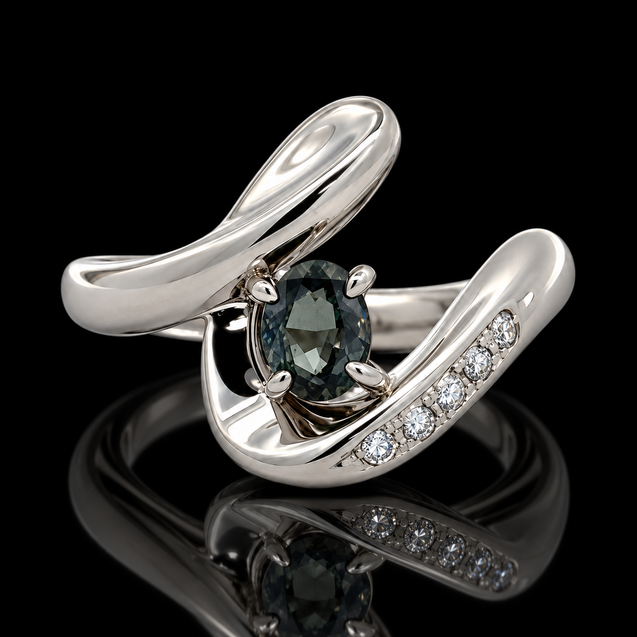 Belami Ring, 5 Round Brilliant Cut Diamond 0.07 cttw  G-H SI1,1 Alexandrite Oval 0.39 ct  Blue to Pink Original GIA Report #3525930226 Platinum 8.92g. All Weights Estimated.