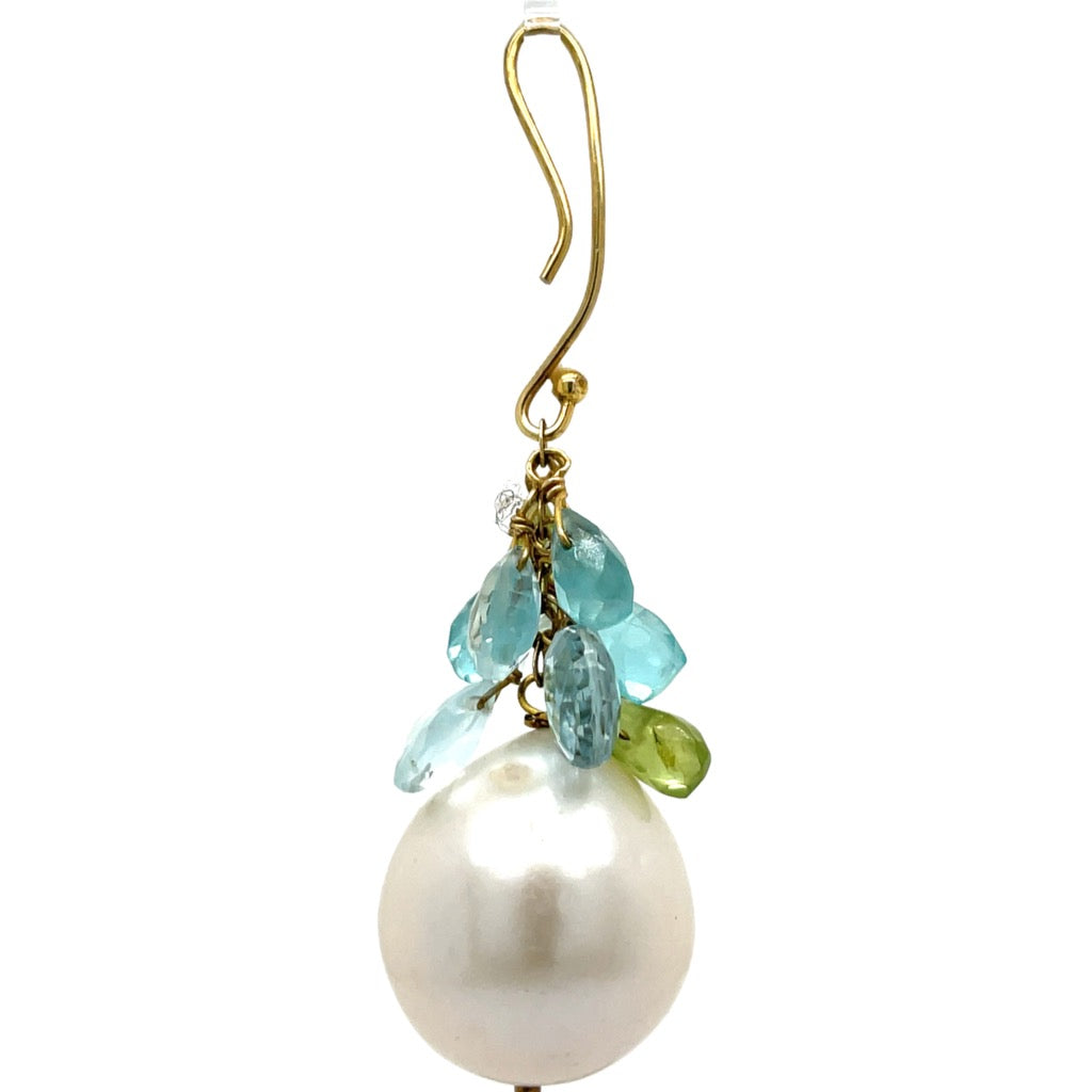 Estate Dangle Earrings, South Sea Pearl 15.83mm/15.73mm, Mixed Cut Blue Topaz, 14K Yellow Gold 4.00g