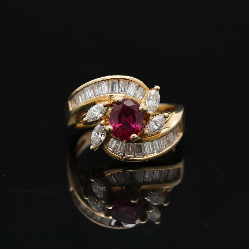 Vintage Ring MARQ/BAG Diamond 1.00cttw  G/H, 1 Ruby  OVAL 0.80ct  14KT YG 5.90g ,All Weights Estimated