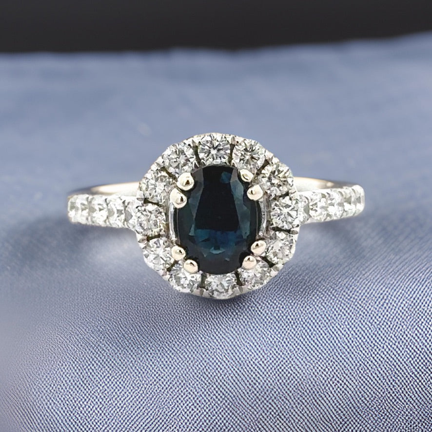 Maya Lianna Ring, 1 Oval Sapphire 0.80 ct, 22 Round Diamond 0.80 cttw  G-H SI1-SI2, 14K White Gold 3.85g