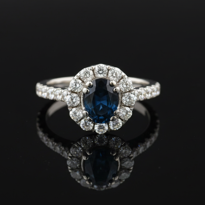 Maya Lianna Ring, 1 Oval Sapphire 0.80 ct, 22 Round Diamond 0.80 cttw  G-H SI1-SI2, 14K White Gold 3.85g