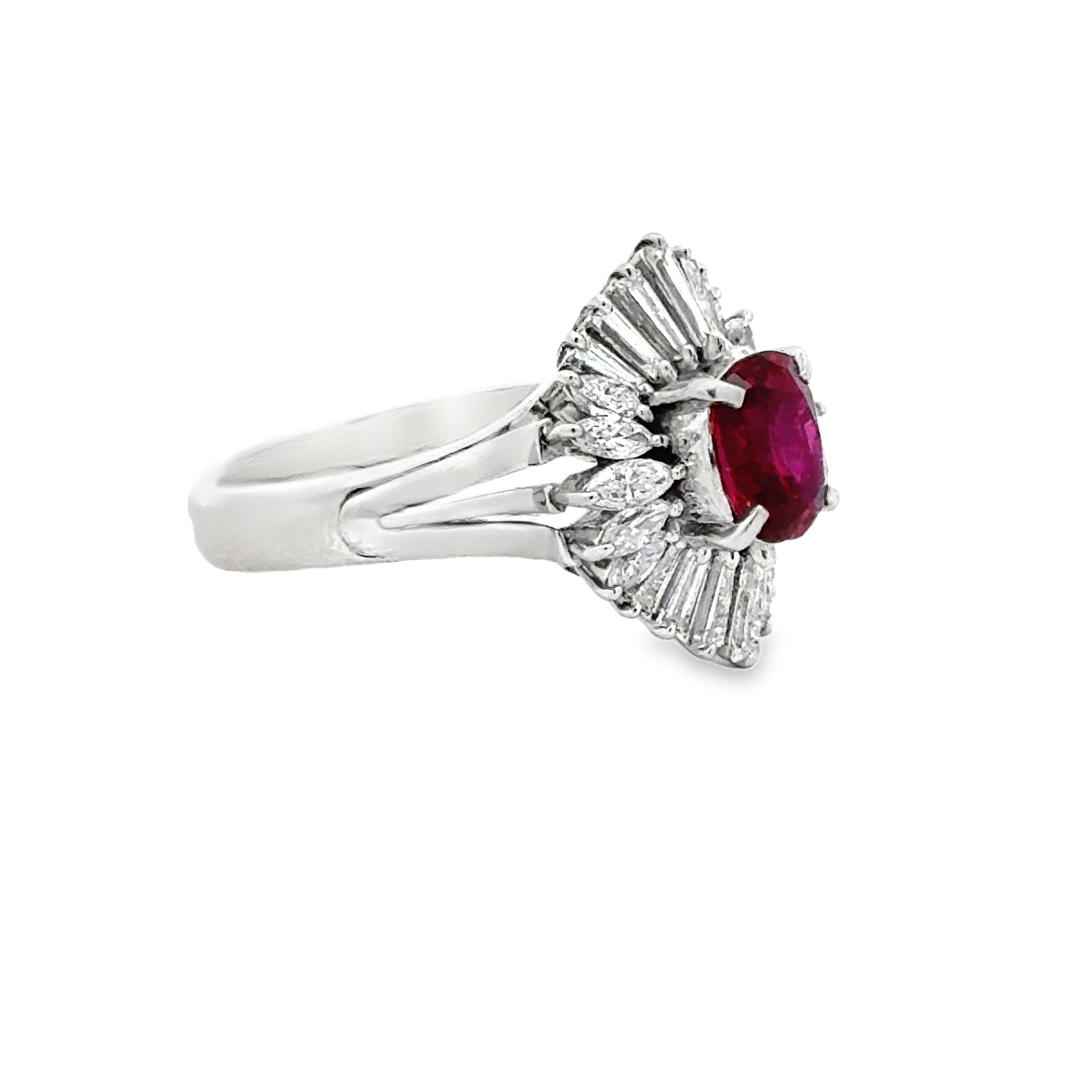 Estate Ring, 24 Mixed Cut Diamonds 0.70cttw H-I SI1-SI2, 1 Ruby Oval 0.95ct, Platinum 7.93g. All Weights Estimated.