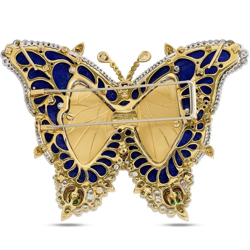 David Webb Brooch/Pendant, 33 Mixed Cut Diamond 3.57 cttw  FY VS1, 270 Round Brilliant Cut Diamond 8.56 cttw  G-H VS1-VS2,4 Emerald Cabochon 5.24 cttw , Carved Rock Crystal, Camed Onyx, Lapis Lazuli 18K/PLAT Yellow Gold 151.72g. All Weights Estimated.