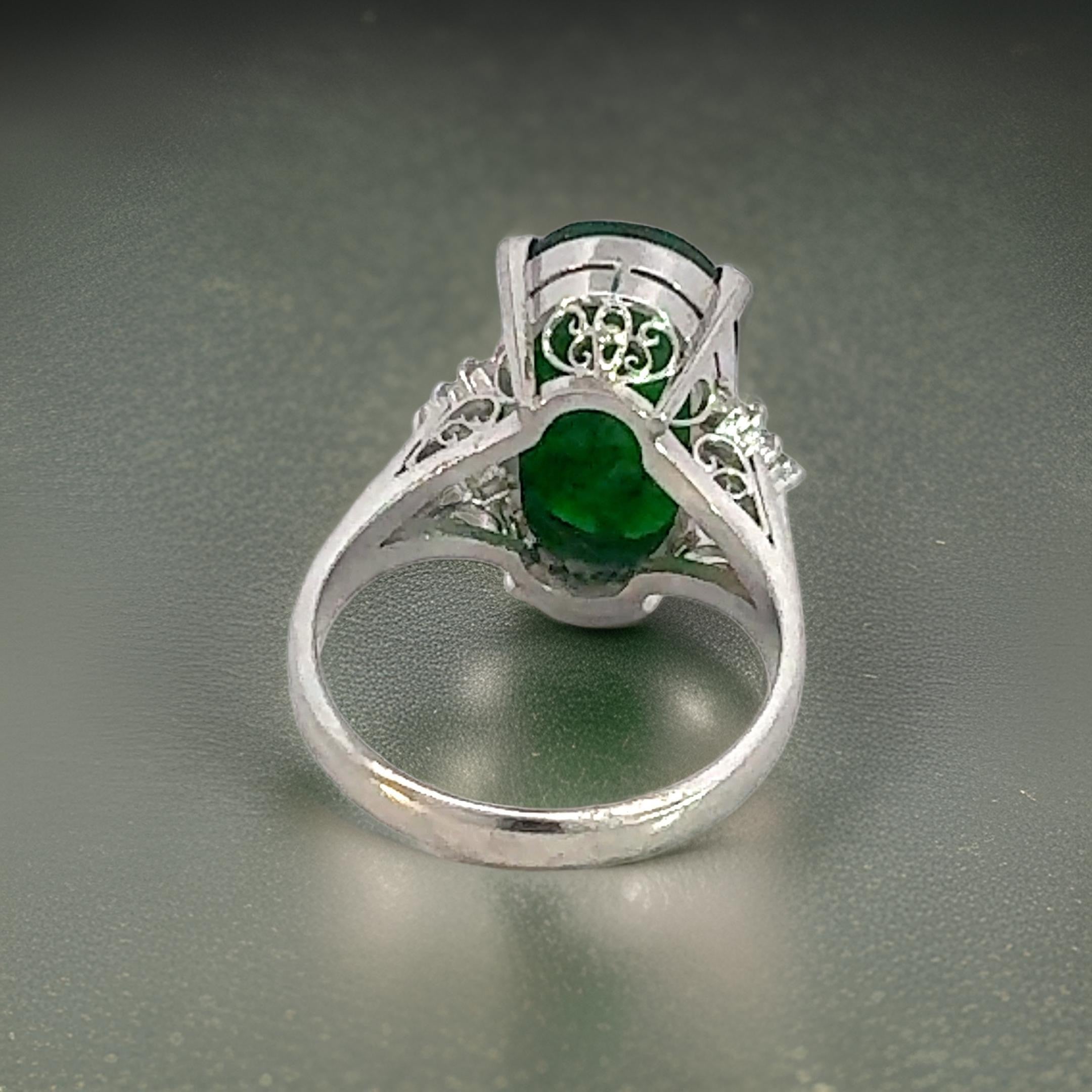 Estate Ring, Mixed Cut Diamond 0.43 ct  G-H VS1-VS2, Jade Cabochon 4.75 ct  Platinum 8.80g