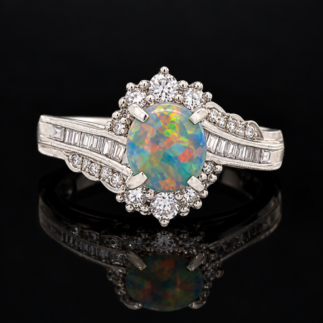 Estate Ring, Round/Baguette Cut Diamond 0.51 cttw  G-H,1 Opal Cabochon 0.84 ct  BLK Platinum 7.93g. All Weights Estimated.