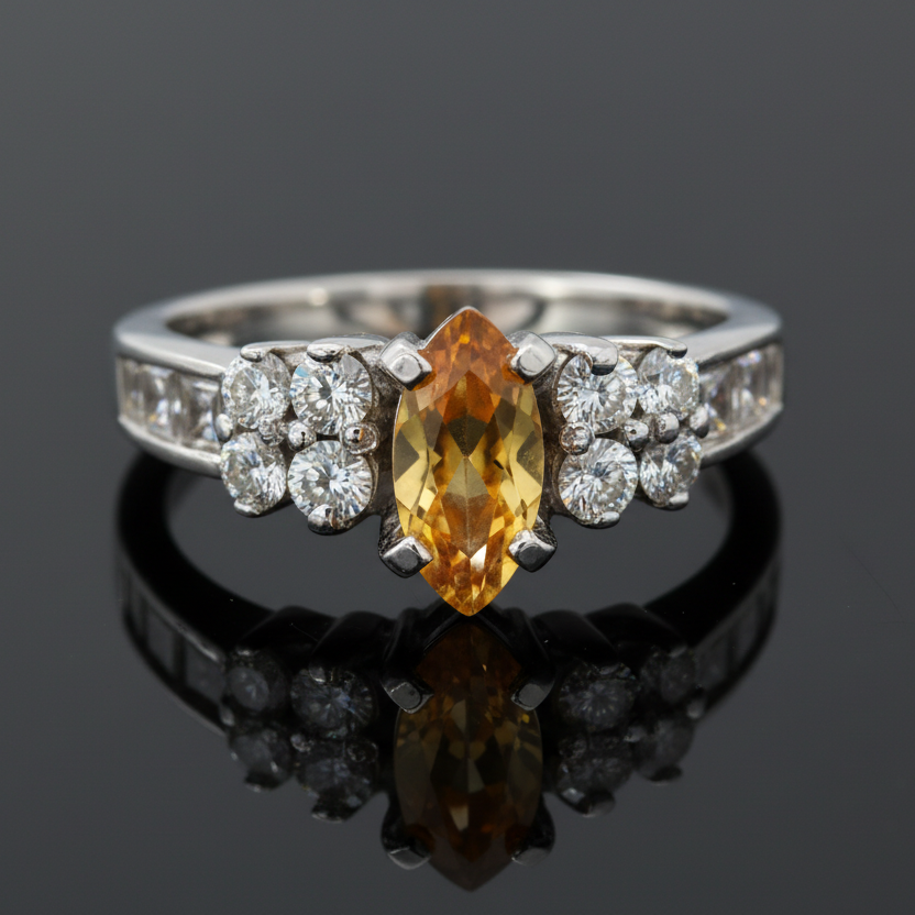 Uni Design Ring, 1 Marquise Cut Citrine 0.57 ct, 14 Round Diamond 1.00 cttw G-H VS2-SI1, 18K White Gold 5.30g
