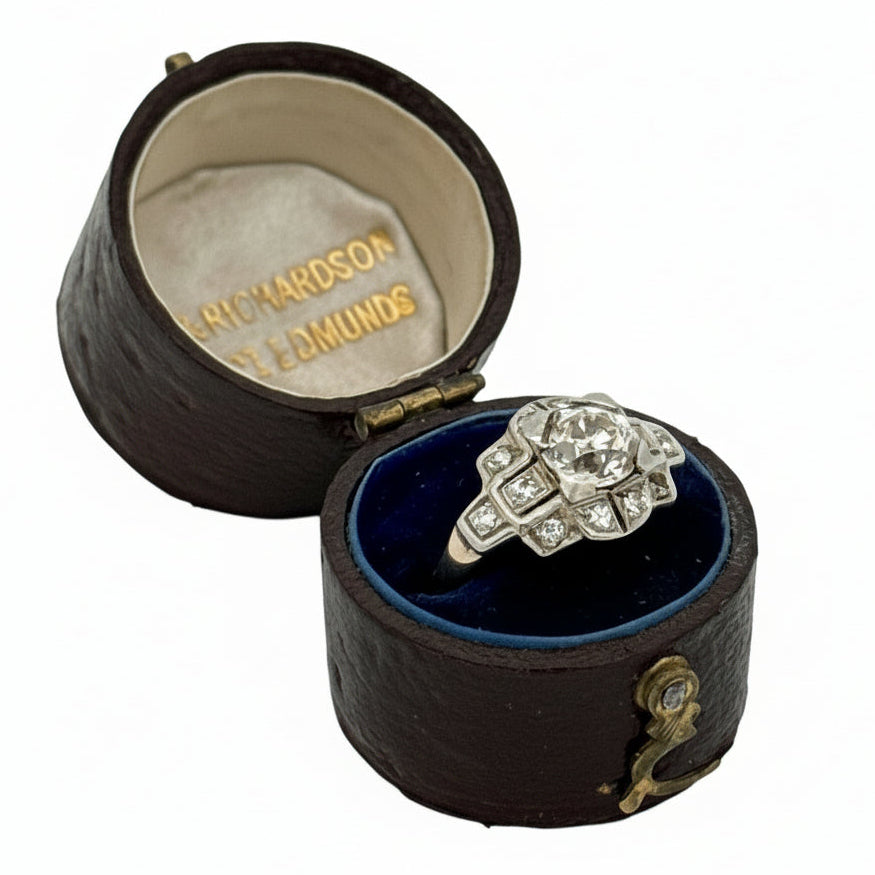 Estate Ring, 1 Old European Cut Diamond 0.85ct M SI1, 12 Single Cut Diamonds 0.12cttw H-I SI1-SI2, Platinum/14K Yellow Gold 2.40g, All Weights Estimated.