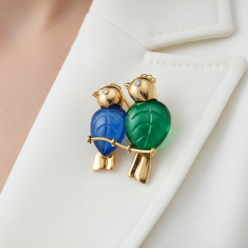 Cartier Paris Brooch/Pendant, 2 Round Brilliant Cut Diamonds 0.03cttw G-H VS1-VS2, Serial # B2934, 1 Chalcedony Carved Green, 1 Chalcedony Carved Blue, 18K Yellow Gold 10.30g, All Weights Estimated.