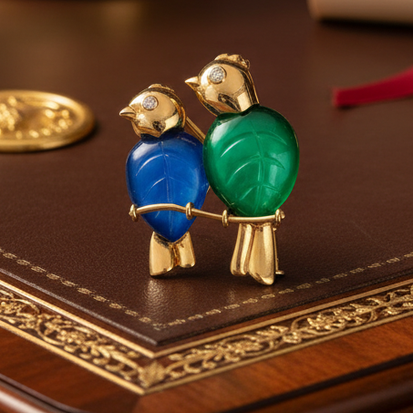 Cartier Paris Brooch/Pendant, 2 Round Brilliant Cut Diamonds 0.03cttw G-H VS1-VS2, Serial # B2934, 1 Chalcedony Carved Green, 1 Chalcedony Carved Blue, 18K Yellow Gold 10.30g, All Weights Estimated.
