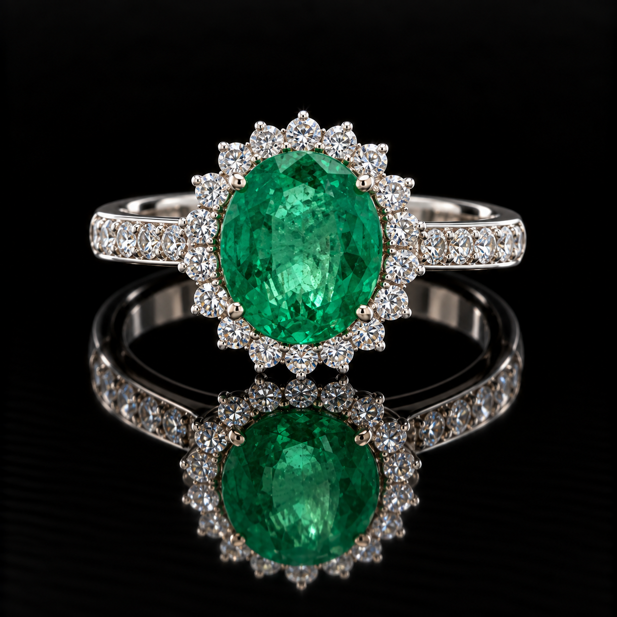 Estate Ring, Round Brilliant Cut Diamond 0.64 cttw , Emerald Oval 2.00 ct.  18K White Gold 4.54g. All Weights Estimated.