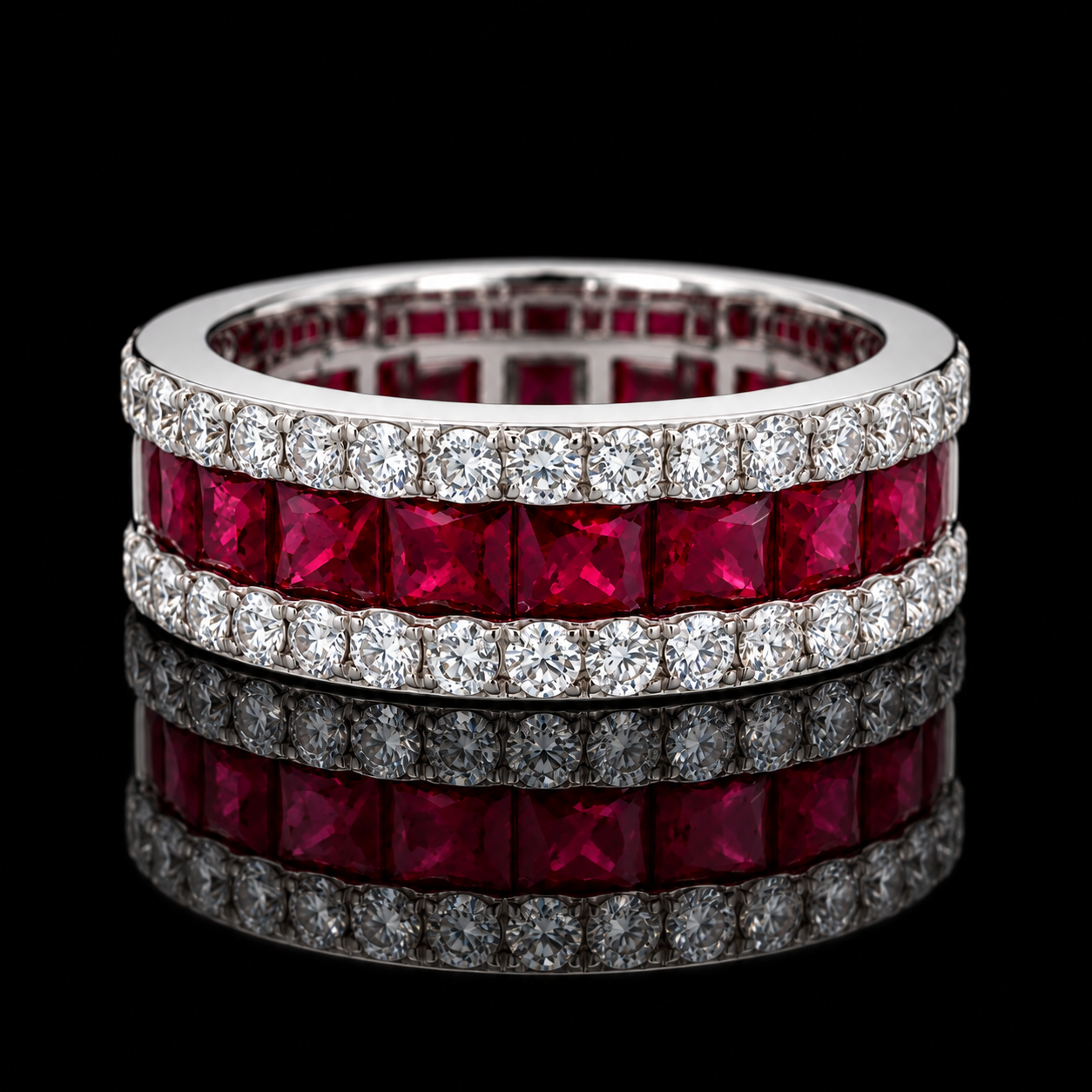 Estate Ring, 32 Round Brilliant Cut Diamond 0.77 cttw  G-H VS1-SI1,9 Ruby French Cut 2.33 cttw  14K White Gold 6.79g. All Weights Estimated.