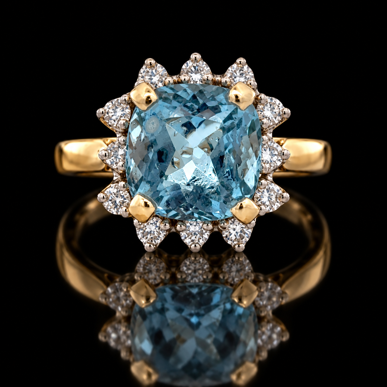 Estate Ring, 12 Round Brilliant Cut Diamond 0.25 cttw  H-I SI1-SI1,1 Aquamarine Cushion Brilliant 4.46 ct  14K White/Yellow Gold 5.82g. All Weights Estimated.
