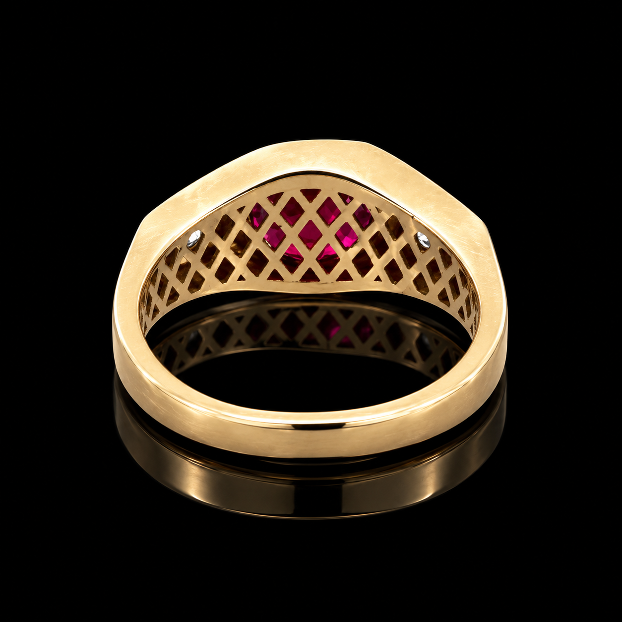 Estate Ring, 2 Round Brilliant Cut Diamond 0.35 cttw ,1 Ruby Round 1.80 ct  14K Yellow Gold 4.60g. All Weights Estimated.