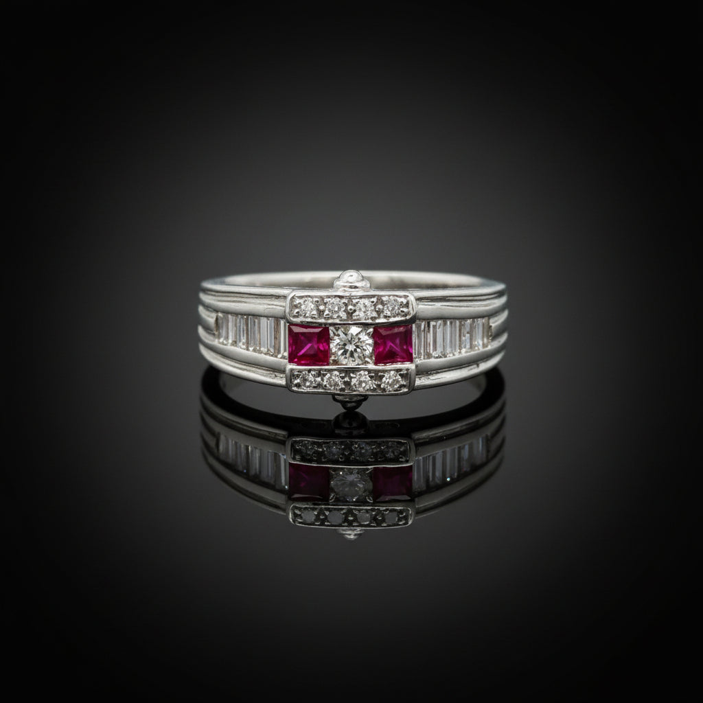 Vintage Ring TB/RBC Diamond 0.55cttw  G/H , 2 Ruby  PC 0.25cttw  PLATINUM W 6.00g ,All Weights Estimated