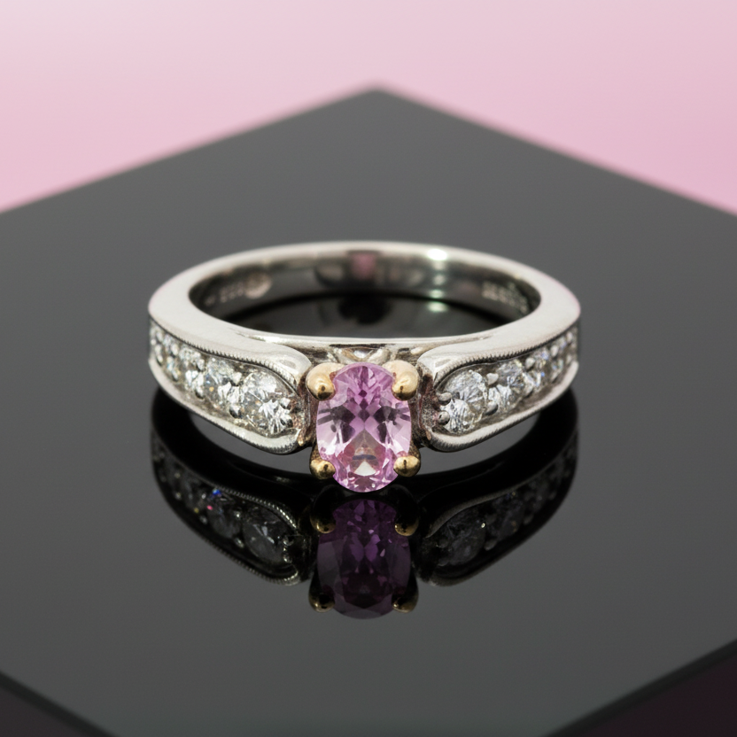  Ring, 1 Oval Pink Tourmaline 0.63 ct, 10 Round Diamond 0.75 cttw  H-I VS2-SI1, 14K White Gold 3.47g