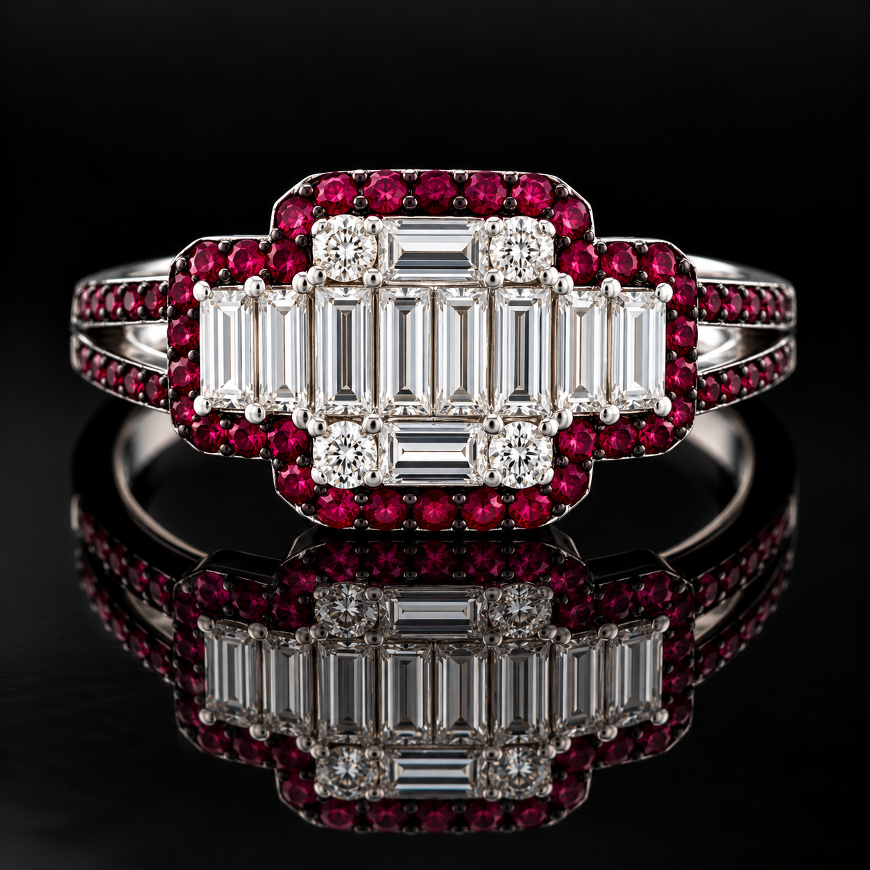 Estate Ring, Mixed Cut Diamond 0.50 cttw  G-H VS1-SI1, Ruby Round 0.70 cttw  18K White Gold 4.16g. All Weights Estimated.
