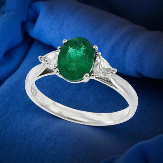Effy 3 Stone Ring, 2 Trillion Cut Diamond 0.28 cttw H-I SI2-I1, 1 Oval Emerald 0.99 cttw, Platinum 4.68g