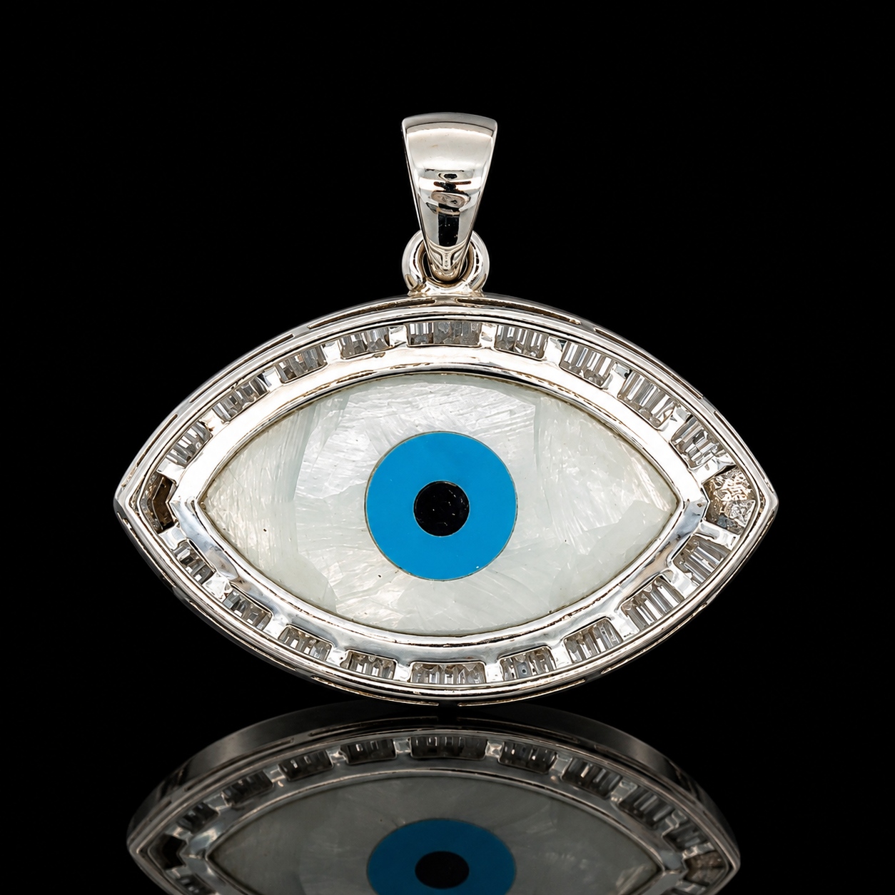 Estate Pendant, Baguette Cut Diamond 0.72 cttw  G-H VS1-SI1, Mother of Pearl, Turquoise 18K White Gold 4.10g. All Weights Estimated.