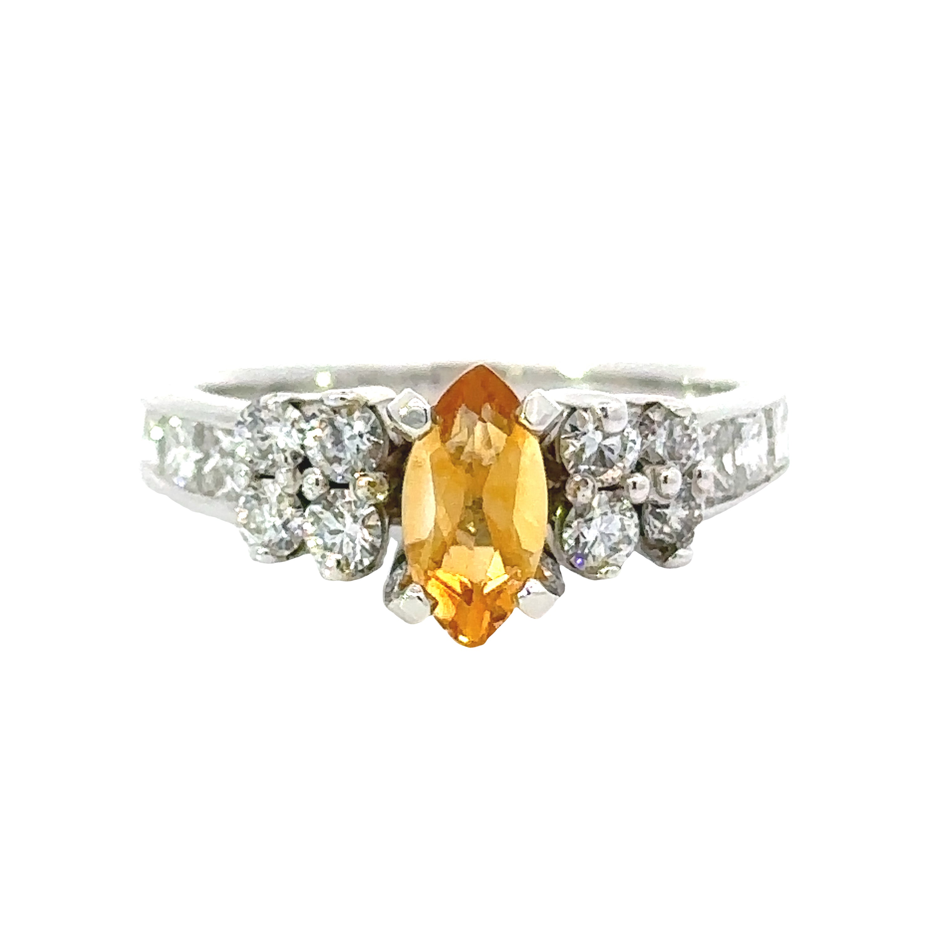 Uni Design Ring, 1 Marquise Cut Citrine 0.57 ct, 14 Round Diamond 1.00 cttw G-H VS2-SI1, 18K White Gold 5.30g